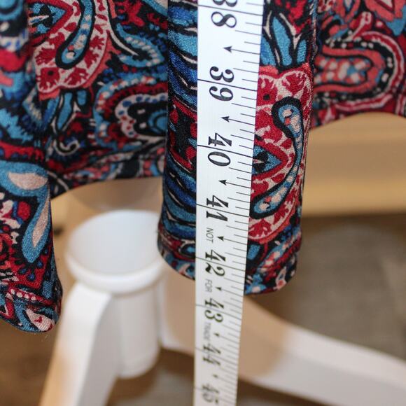 LulaRoe Carly Dress, size S, Paisley Burgundy, Tan & Blue hi-lo hem - Picture 5 of 6